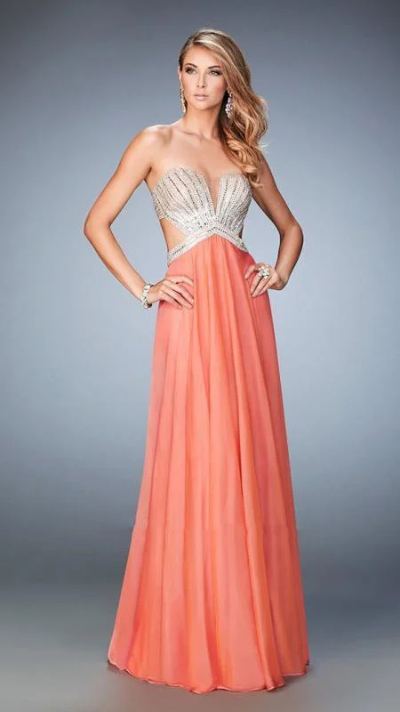 lace-up gown dressesLa Femme - Plunging Sweetheart Side Cutout Chiffon Gown 22179