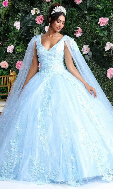 long-sleeved gown dressesMay Queen LK193 - Applique Cape Sleeve Ballgown