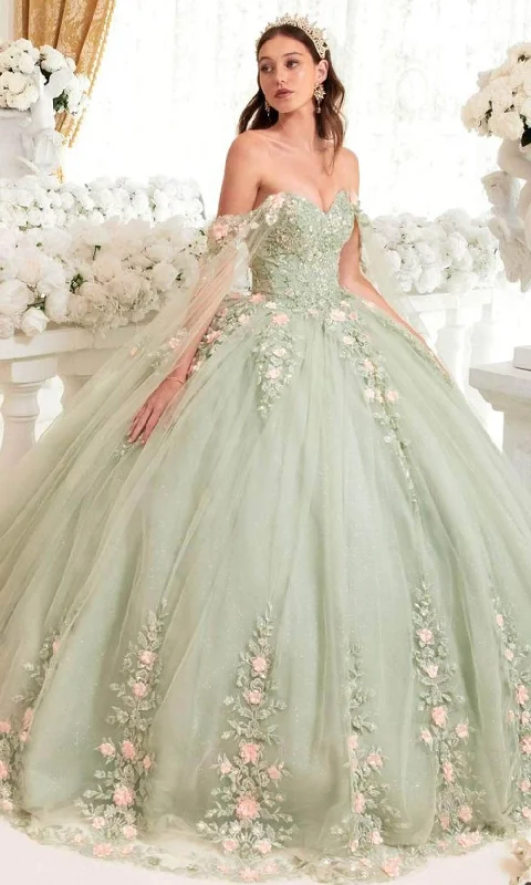 velvet gown dressesLadivine 15716 - Sweetheart Neck Floral Detailed Ballgown