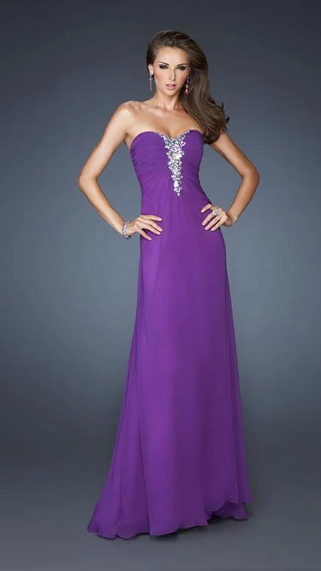 sleeveless gown dressesLa Femme - Ruched Double Diamond Cutout Gown 19009