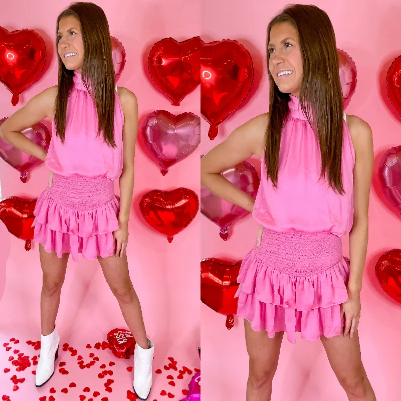 women's retro denim skirtsGoing For Glam Smocked Waist Romper with Ruffle Skirt in Pink