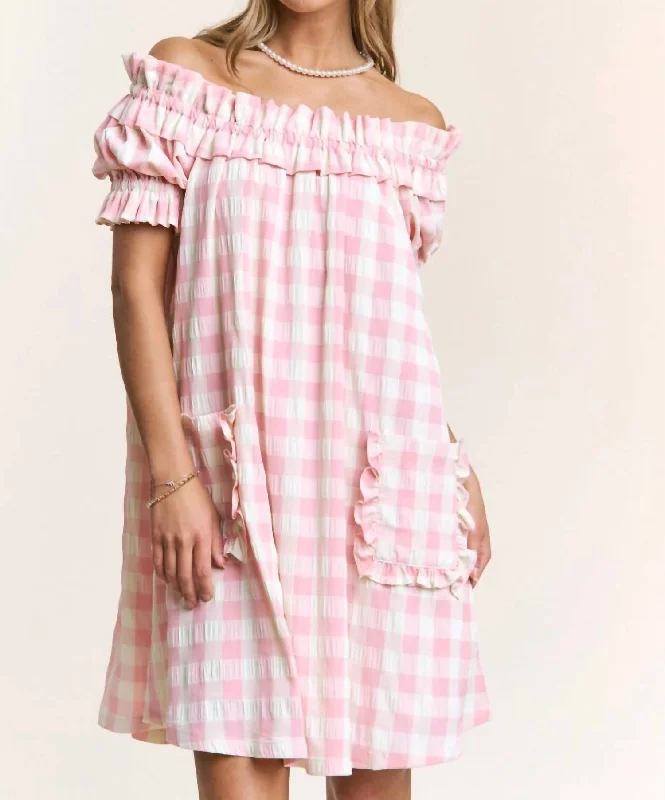 midi dresses with pocketsCheckered Off Shoulder Midi Dress With Pockets In Pink