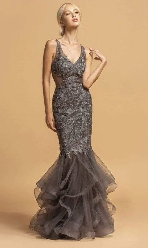 maxi party dressesTrevi Collection - L2116 V-Neck Trumpet Evening Dress