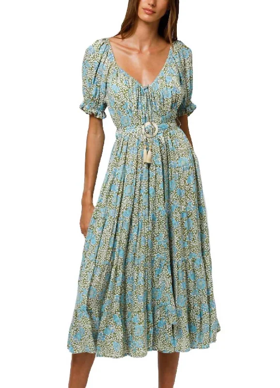 midi dresses with frillsMarion Midi Dress In Blue Multi