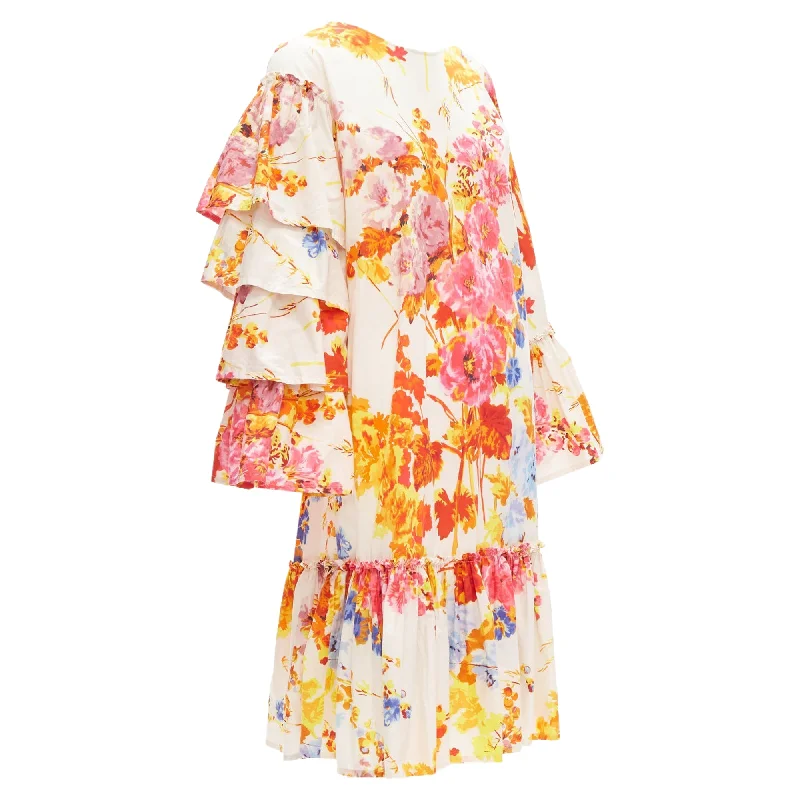 midi dresses with spaghetti strapsDries Van Noten colourful floral tie sleeve ruffle midi dress