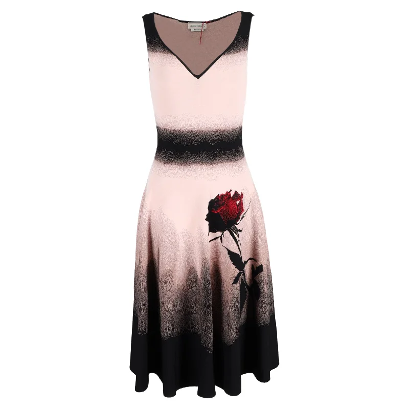 midi dresses in solid colorsAlexander Mcqueen Rose Print Midi Sleeveless A-Line Dress in Multicolor Viscose