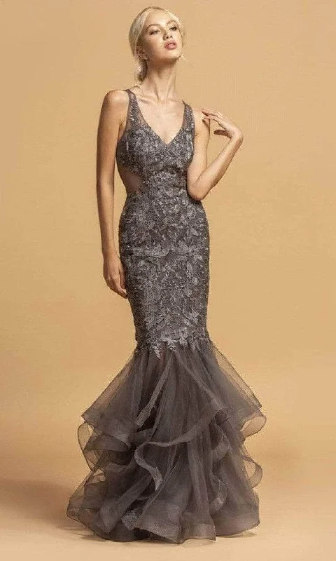 asymmetrical party dressesTrevi Collection L2116 - Embroidered V-Neck Evening Dress