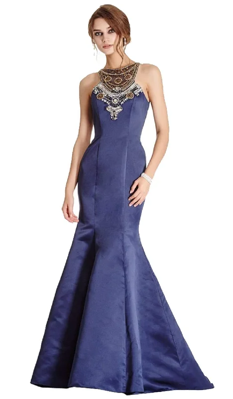 bold color party dressesTrevi Collection - Ornate Halter Neck Trumpet Evening Gown