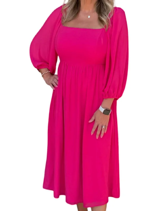 casual everyday midi dressesAmaretto Puff Sleeve Midi Dress In Fuchsia