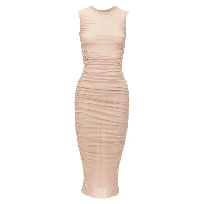 elegant evening midi dressesDolce Gabbana Sheer Ruched Body Midi Dress