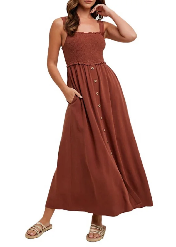 midi dresses with sleevesSmocked Linen Midi Dress In Chocolate