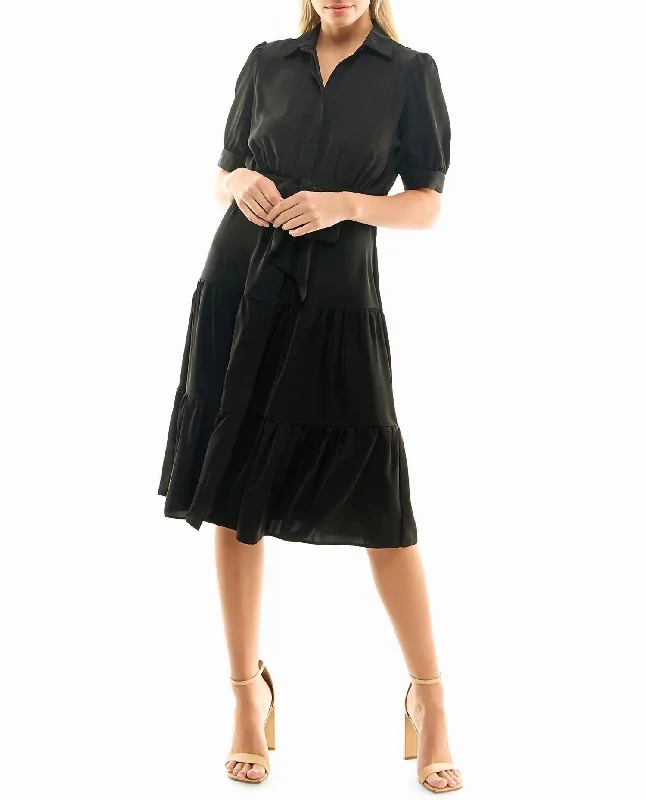 ruffled midi dressesKaty Silk Midi Shirt Dress In Very Black