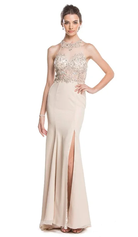 one-shoulder party dressesTrevi Collection - Crystal Embellished Evening Dress with Slit