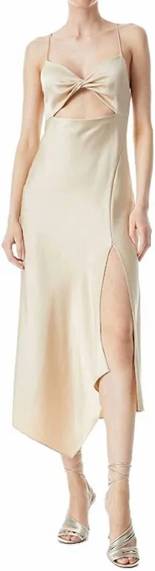 long midi dressesHarmony Twist Asymmetrical Midi Dress In Sand