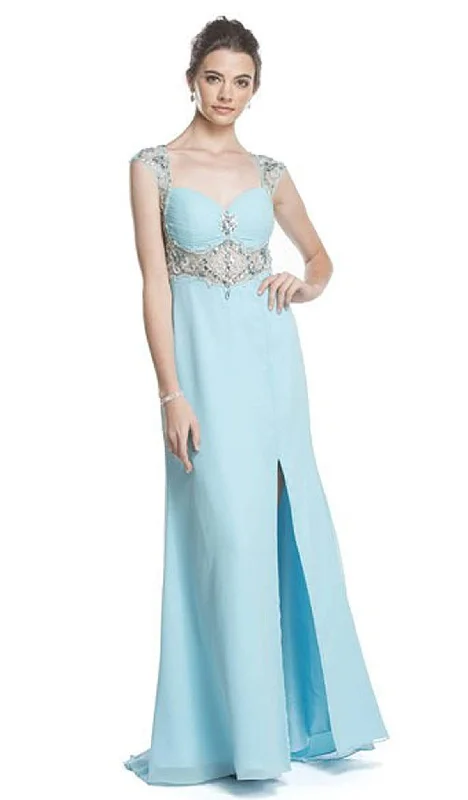 midi party dressesTrevi Collection - Sheer Embellished Evening Gown with Slit