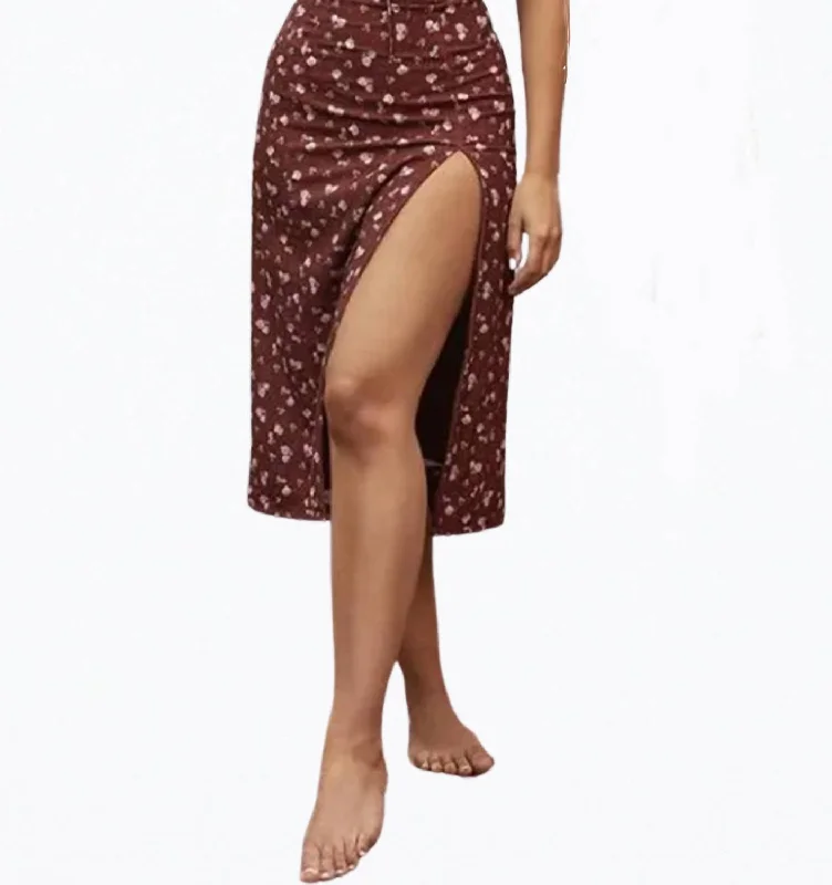 boho midi dressesFloral-Print Ruched Satin Slip Midi Dress In Burgundy