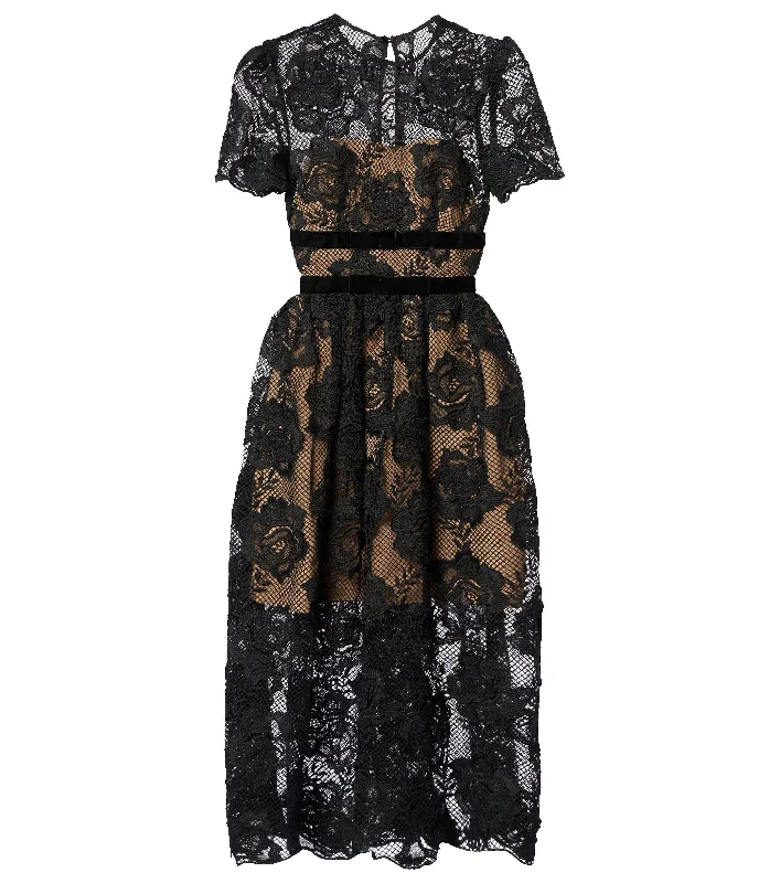 midi dresses with sheer sleevesSelf-Portrait Women's Lace Velvet Bow Midi Dress, Black