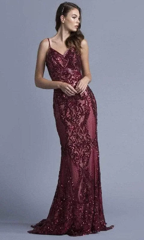 mother-of-the-bride party dressesAspeed Design - V-Neck Sequin Evening Dress L1982 - 1 pc Burgundy In Size S Available