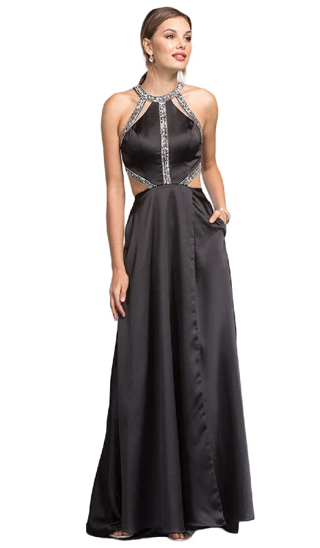 statement-making party dressesTrevi Collection - Embellished Halter Cutout A-line Evening Dress