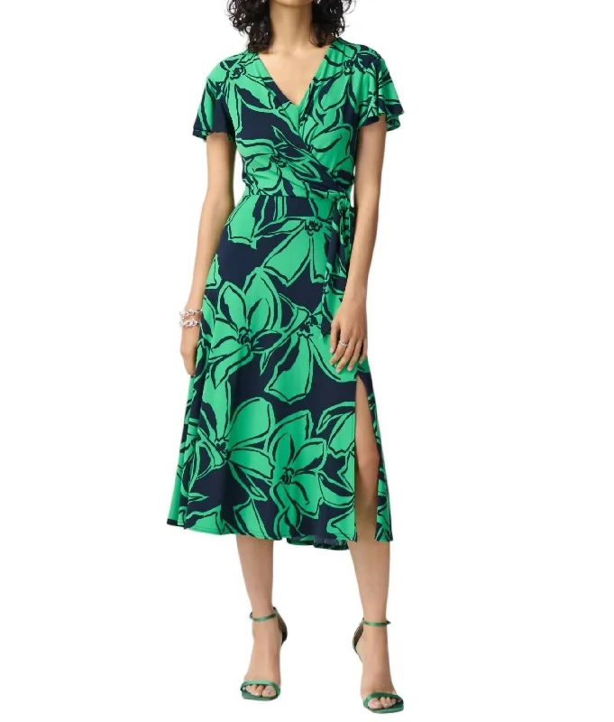 midi dresses for special occasionsFloral Print Midi Dress In Midnight Blue/green