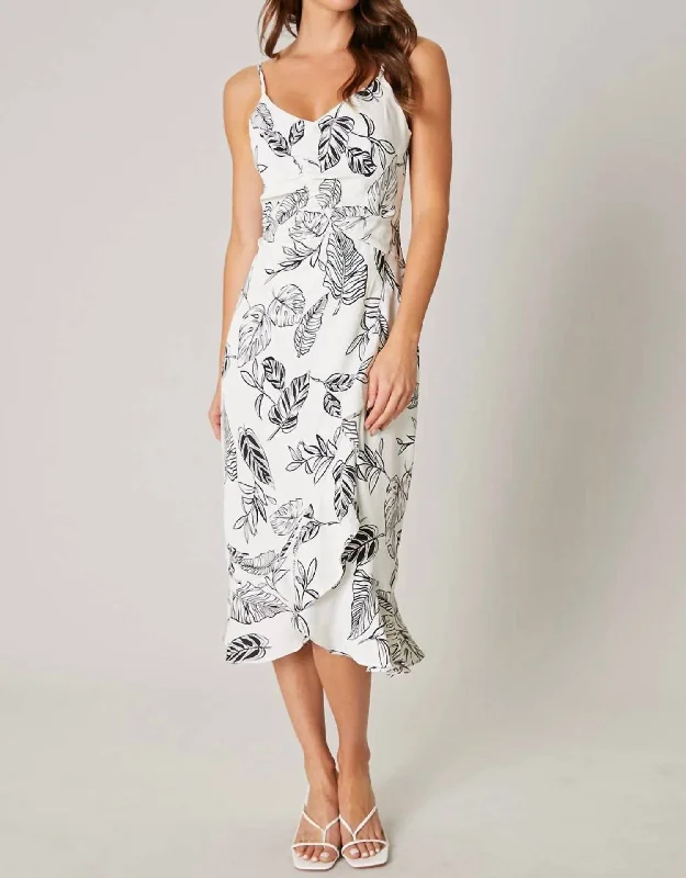 midi dresses made of silkTropical Print Ruched Midi Dress In White/black