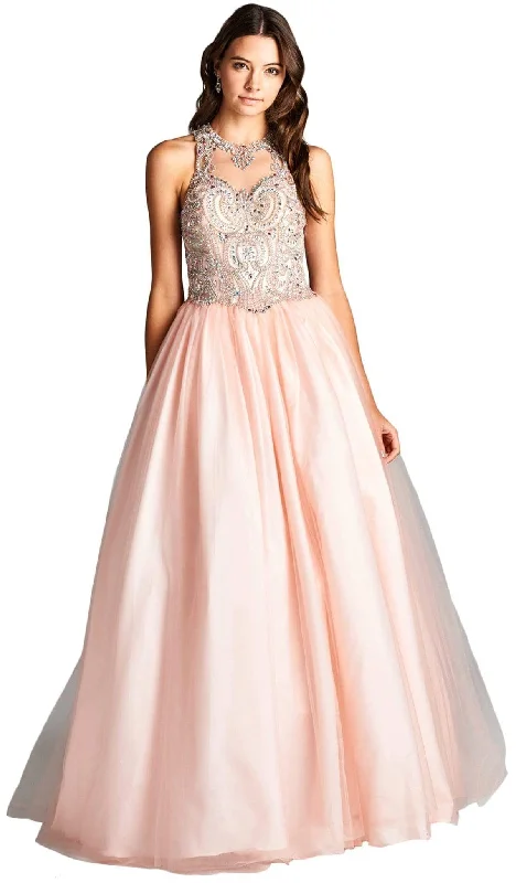 illusion-sleeve party dressesTrevi Collection - Bejeweled Illusion Halter Evening Ballgown