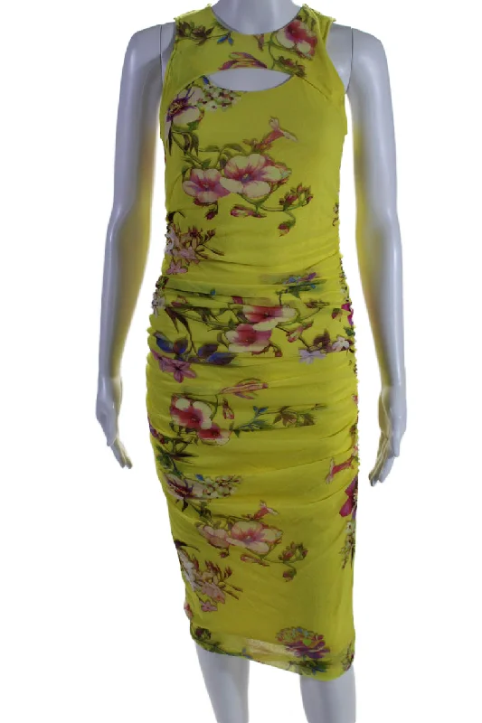 chic midi dressesFuzzi Womens Sleeveless Slash Front Floral Mesh Midi Dress Yellow