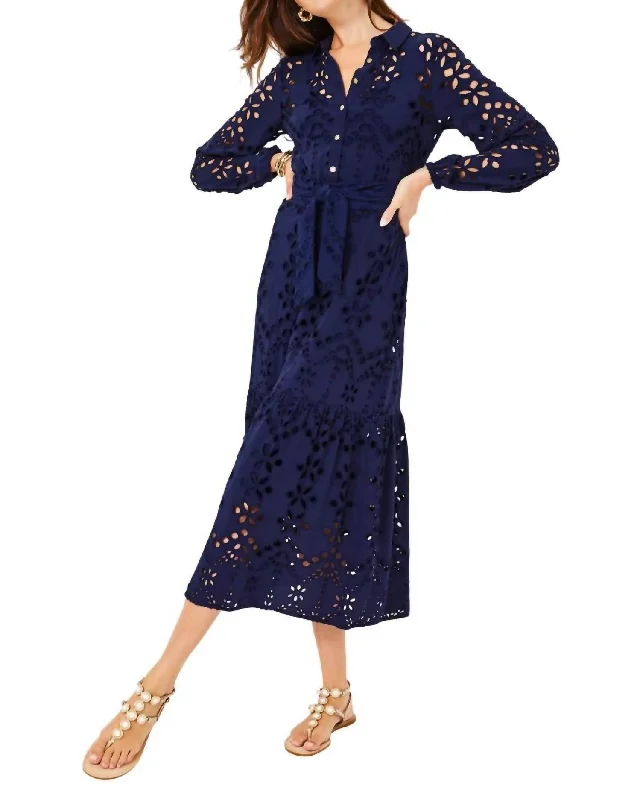 casual midi dressesZia Eyelet Midi Shirtdress In True Navy Soiree Eyelet