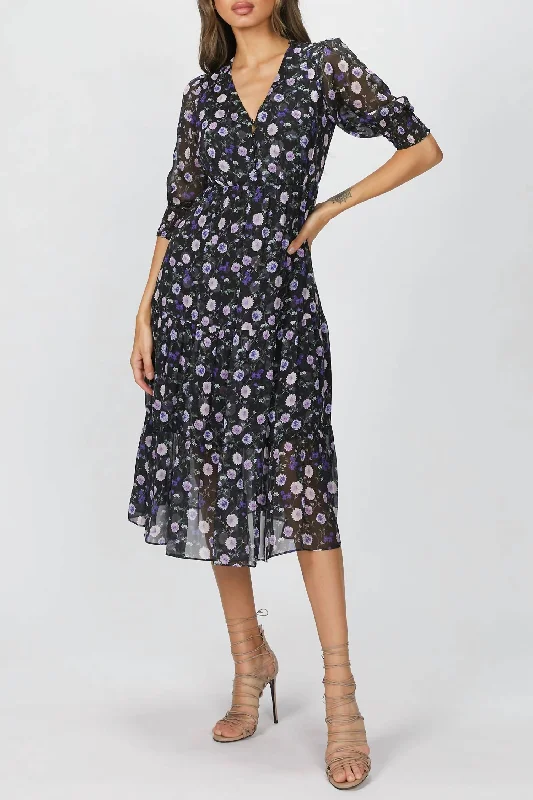 midi dresses made of silkPrinted Midi Dress In Black/purple Peony