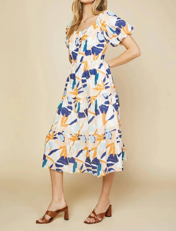 midi dresses in pastel colorsAbstract Botanical Midi Dress In Tangerine Navy