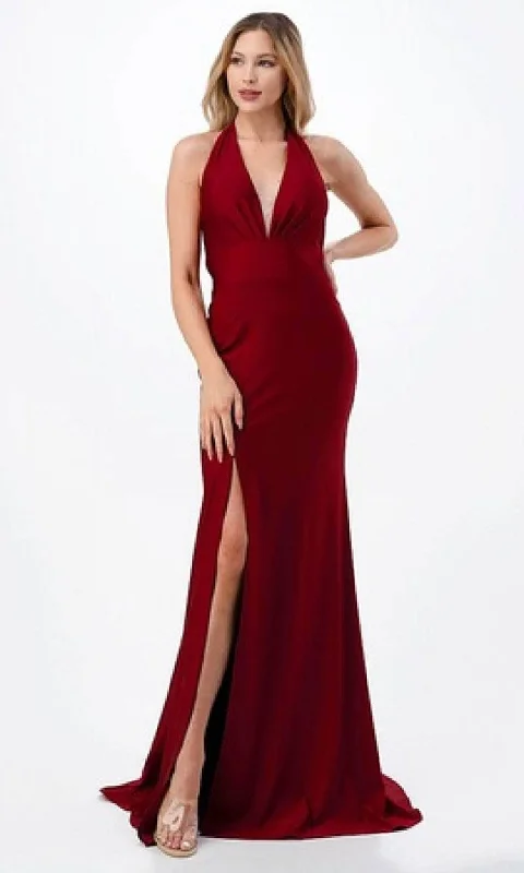 striped party dressesTrevi Collection D566 - Halter High Slit Evening Gown