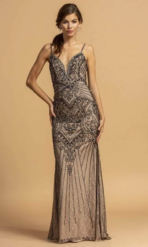 midi party dressesTrevi Collection - L2176 Plunging V-Neck Beaded Evening Dress