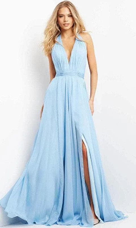 animal print party dressesJovani - Plunging Halter Evening Dress 08682SC - 1 pc Light Blue In Size 8 Available