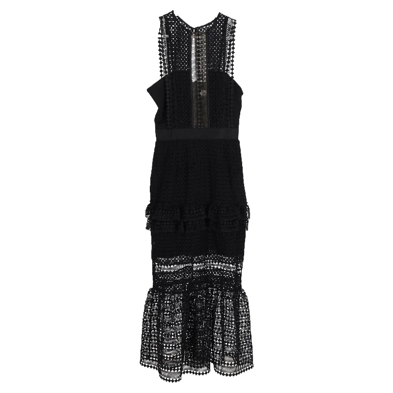 stretchy midi dressesSelf-Portrait Laser Cut Midi Frilled Column Dress in Black Polyester