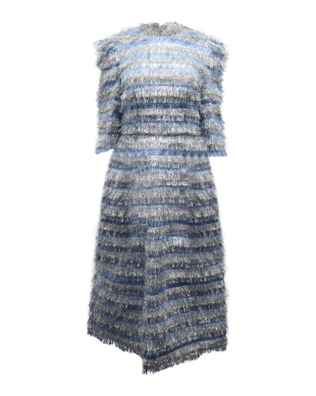 midi dresses for petitesDolce & Gabbana Striped Fringe Midi Dress in Light Blue Polyester