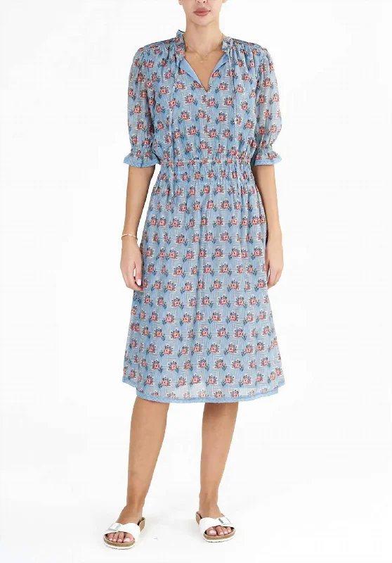 midi dresses for workAra Print Midi Dress In Blue