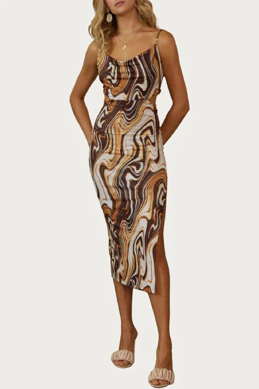 plus-size casual midi dressesMarble-Print Cowl Stretch-Jersey Cutout Midi Dress In Rust/brown