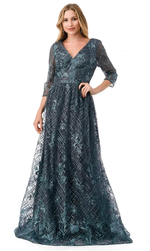 chiffon party dressesTrevi Collection M2735F - Quarter Sleeve Lattice Print Evening Gown