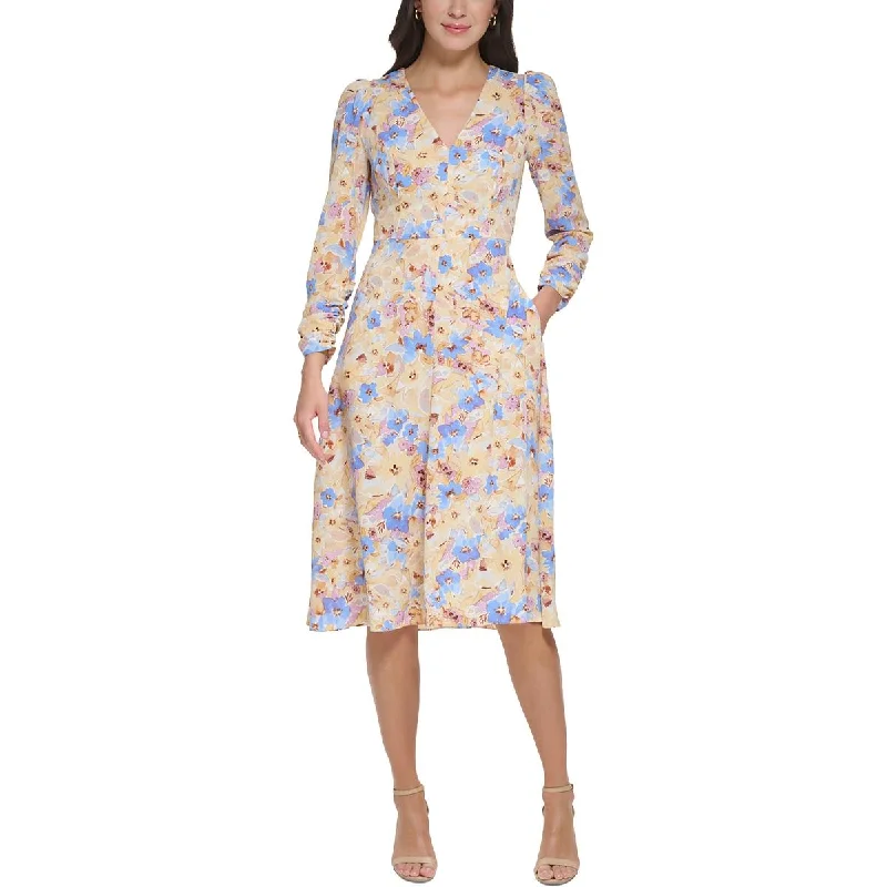 mini midi dressesWomens Floral Print V-Neck Midi Dress