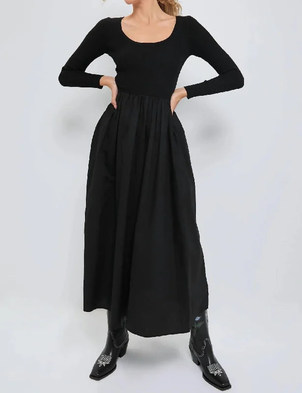 boho midi dressesContrast Long Sleeve Midi Dress In Black