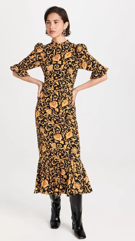 midi dresses with spaghetti strapsRhode Women's Felix Dress, Baroque Heart, Floral, Puff Sleeves Gold Midi Dress