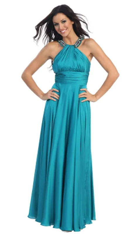 black-tie party dressesTrevi Collection - Jeweled Halter Neck Ruched A-line Evening Dress