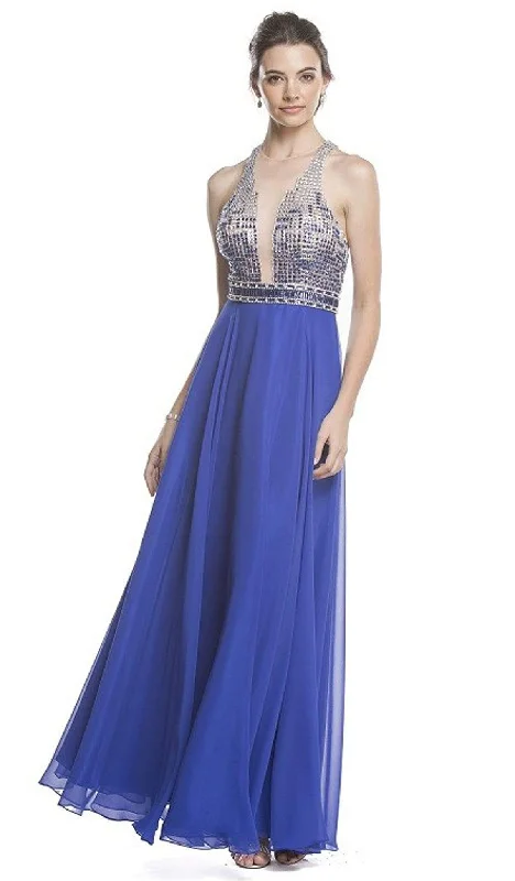 asymmetrical party dressesTrevi Collection - Beaded Illusion Halter A-Line Evening Dress