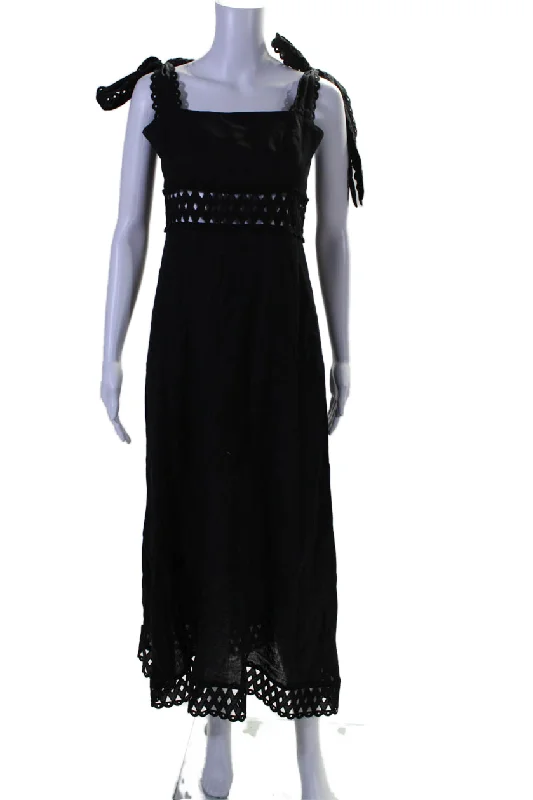 affordable midi dressesZimmermann Women's Square Neck Sleeveless Eyelet Flare Midi Dress Black