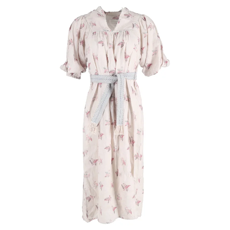 open-back midi dressesZimmermann Floral Print Midi Belted V-Neck Dress in Multicolor Linen