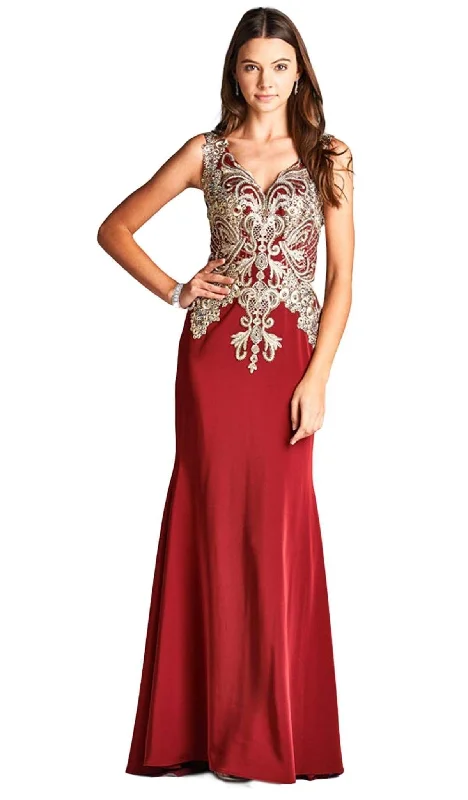 cotton party dressesTrevi Collection - Embroidered V-neck Sheath Evening Dress