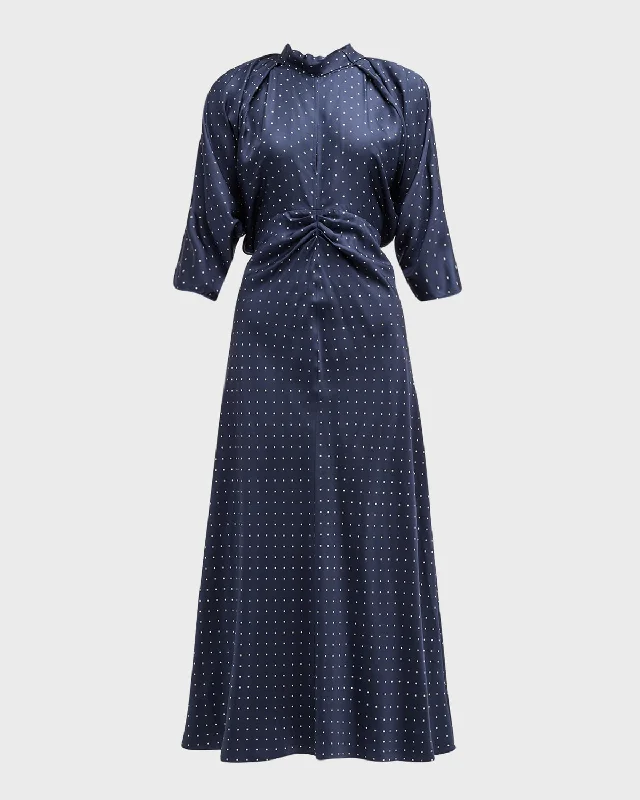 breathable midi dressesRuched Dolman-Sleeve Polka Dot Silk Midi Dress