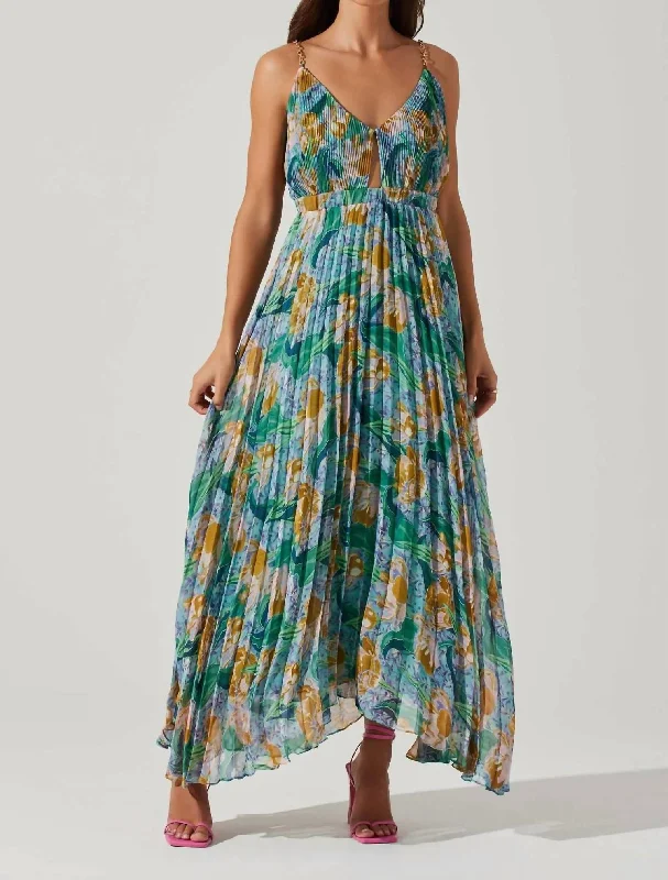 midi dresses with lace detailsLoralee Pleated Midi Dress In Green Floral