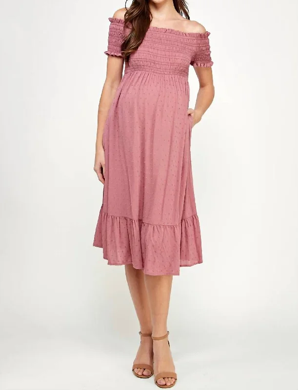 quick-dry midi dressesSmocked Off Shoulder Maternity Midi Dress In Mauve