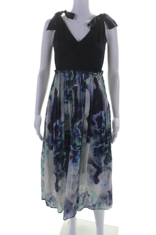 long-sleeved midi dressesFuzzi Womens Sleeveless Floral Midi Empire Waist Dress Navy Blue Gray